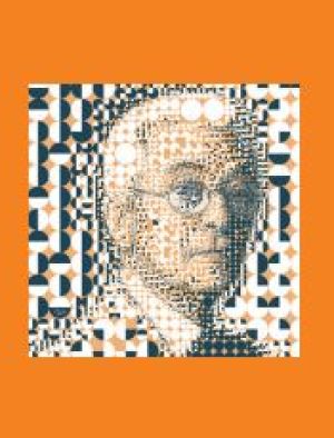 Bruno Munari Retrat de Bruno Munari fet amb formes geomètriques i usant tres colors: blanc, taronja i negre.