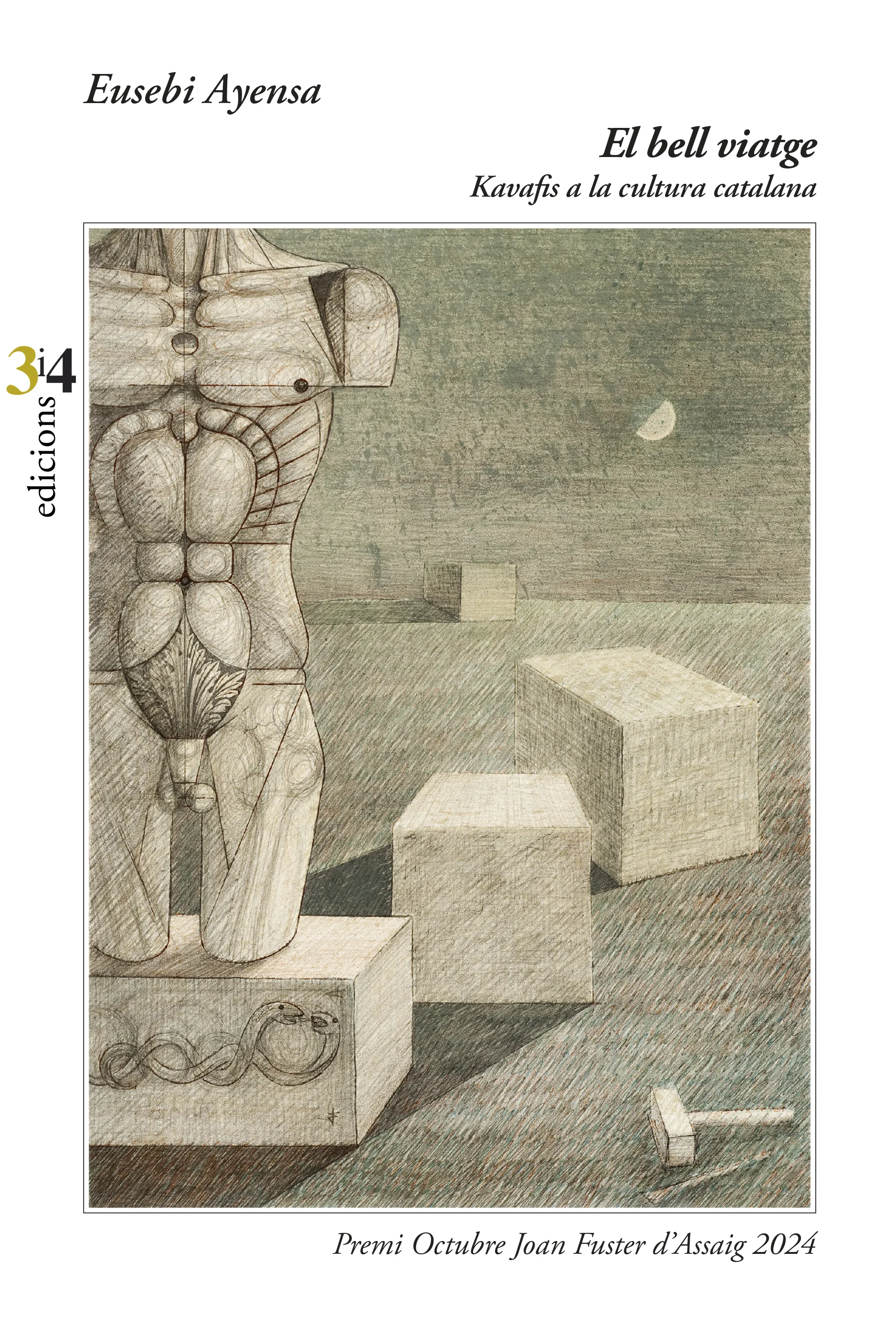 Dibuix de mig tors humà amb un cub i la lluna de fons